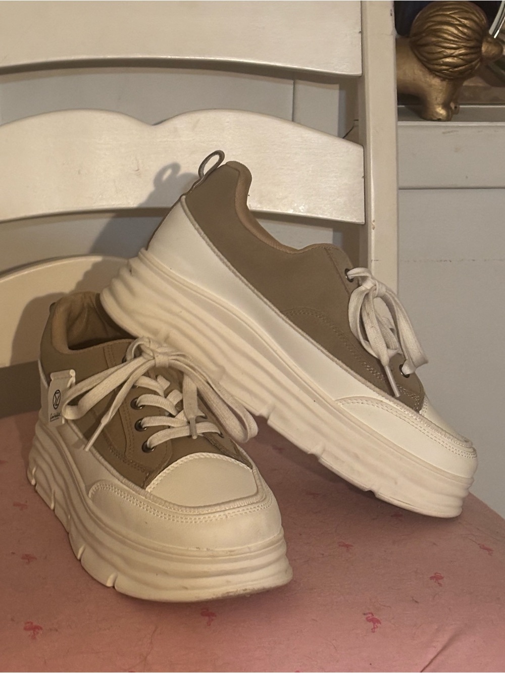 SHEIN Beige and White Platform Lace-Up Sneakers